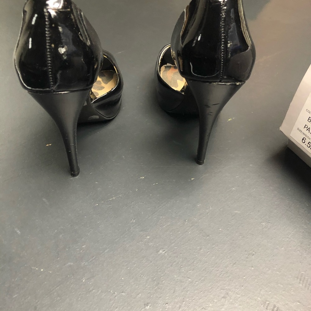 Black patent peep toe heels